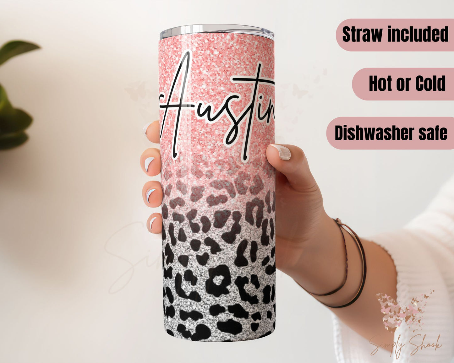 Personalized Faux Glitter Pink and Silver Cheetah Tumbler