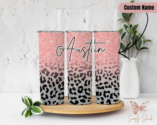 Personalized Faux Glitter Pink and Silver Cheetah Tumbler