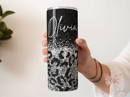 Personalized Glitter Cheetah Print Silver Tumbler with Name 20 oz Tumbler