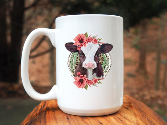 Cow with Flowers 15 oz Coffee Mug