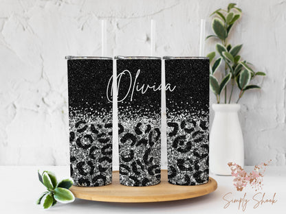 Personalized Glitter Cheetah Print Silver Tumbler with Name 20 oz Tumbler