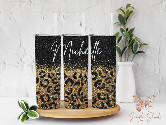 Personalized Glitter Cheetah Print Tumbler with Name 20 oz Tumbler